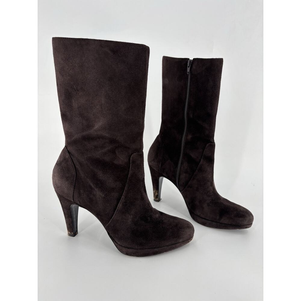 Ann Taylor Boots Womens 8M Brown Suede Mid Calf Full Zip Up Round Toe Heeled